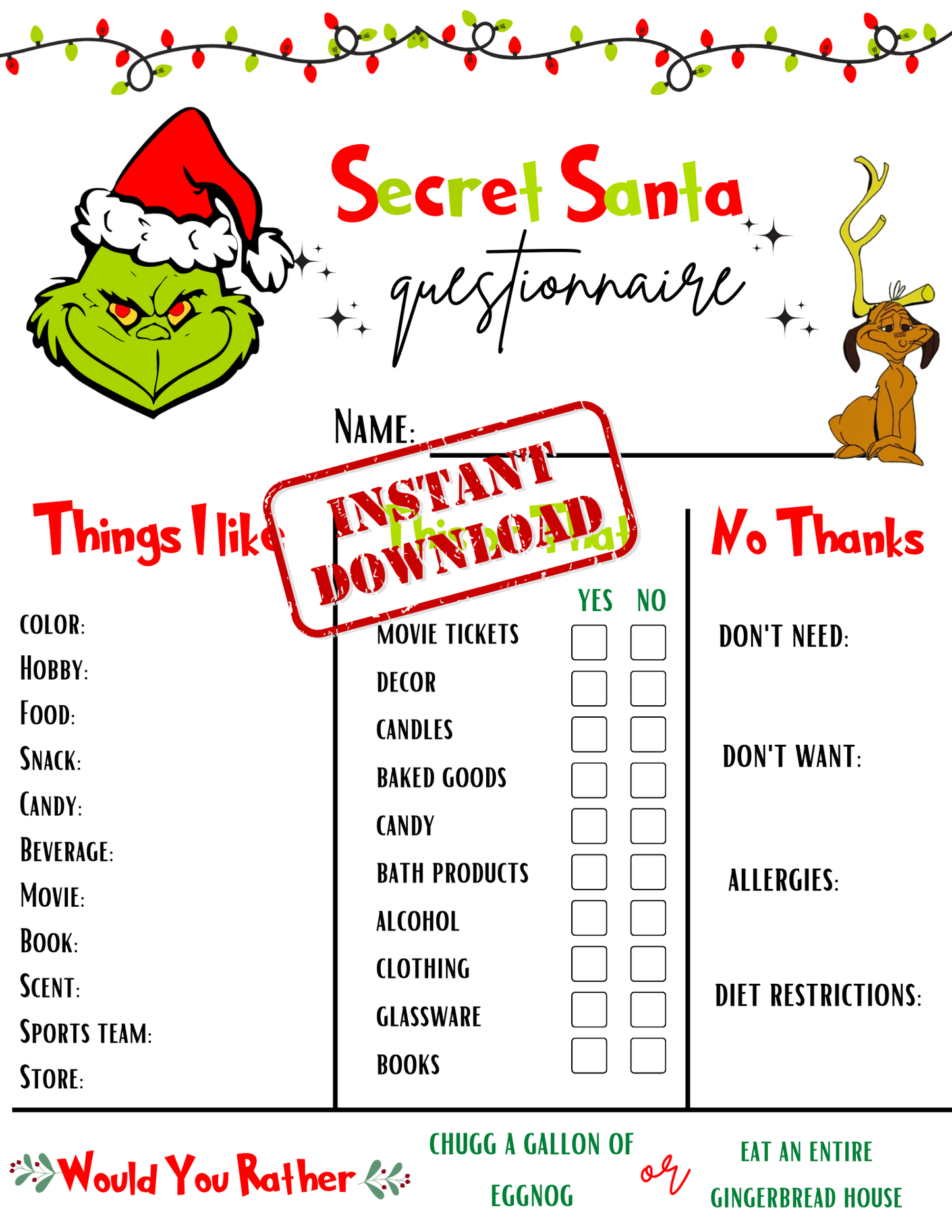 Secret Santa Questionnaire Printable Template - Movie-themed, Christmas Party Game, Secret Santa Gift Exchange