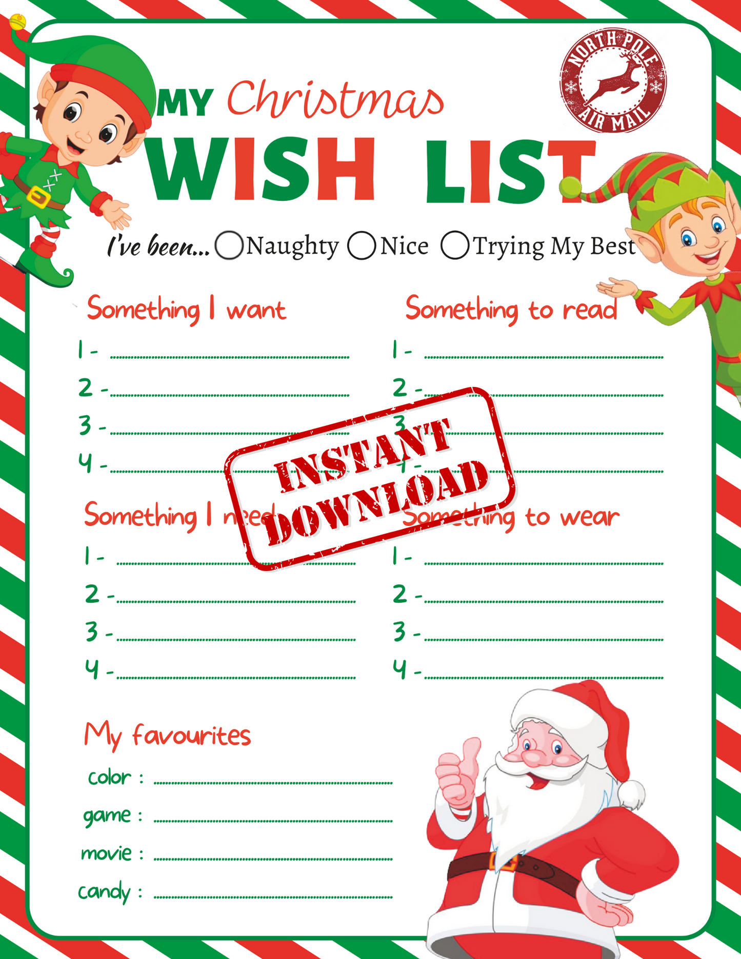 Kid's Christmas Wish List Printable Template - Letter to Santa, Kid's Wish List, Personalized Gifts, Kid's Work Sheet, Dear Santa