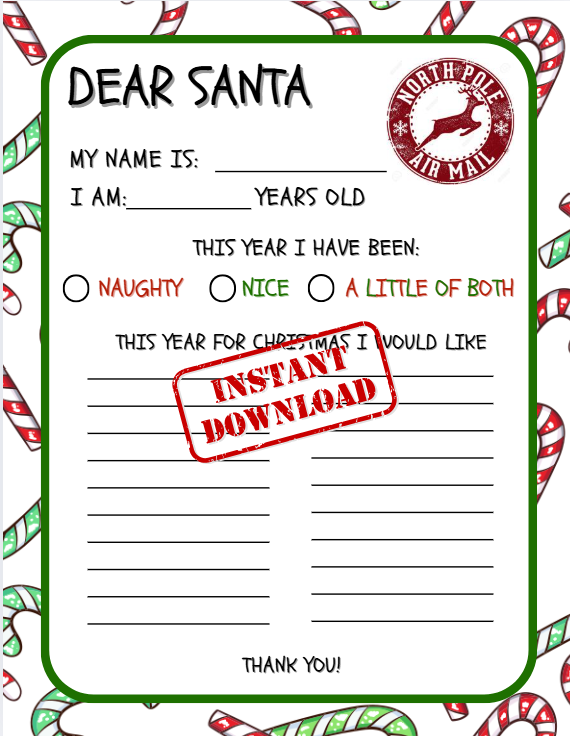 Christmas Gift Wish List Printable Template - Kid's Gift List, Letter to Santa, Dear Santa, Personalized Gifts