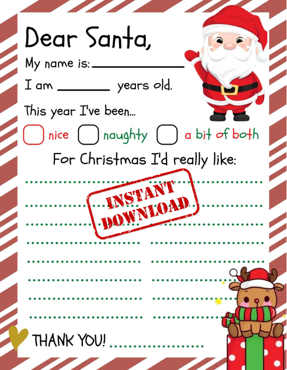 Dear Santa Letter Printable Template - Letter to Santa, Kid's Christmas Wish List, Kid's Work Sheet, Personalized Gifts, Wish List Printable