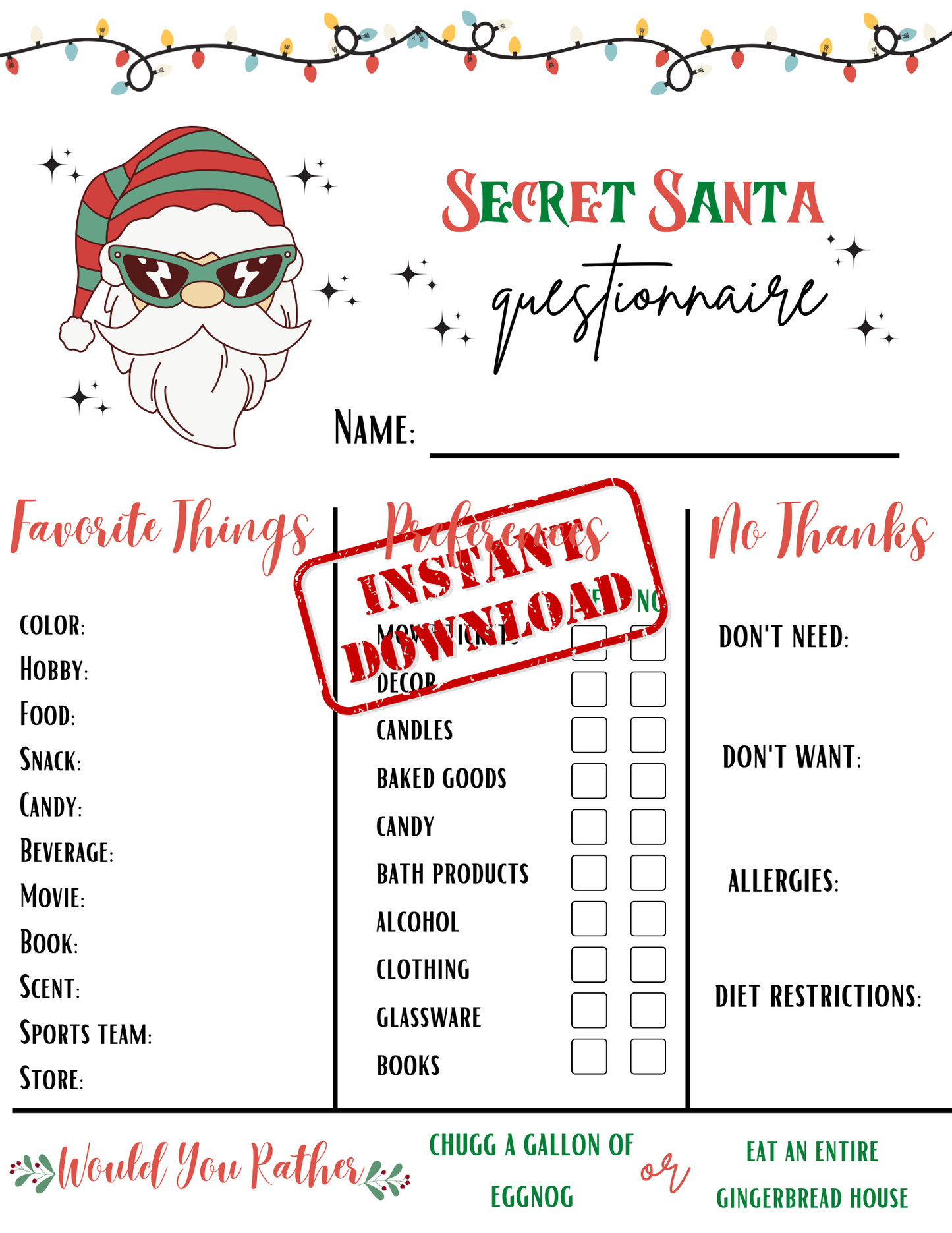 Adult Secret Santa Questionnaire Printable Template - Gift List, Holiday Game, Gift Exchange