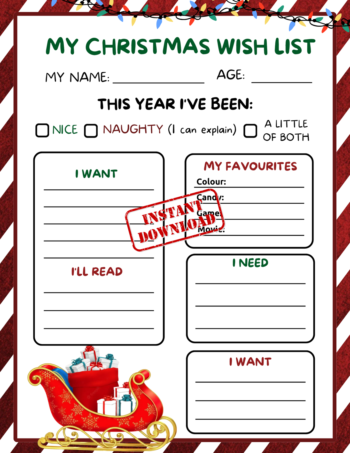 Christmas Wish List Printable Template - Letter to Santa, Kid's Gift List, Personalized Gifts, Kid's Work Sheet, Dear Santa
