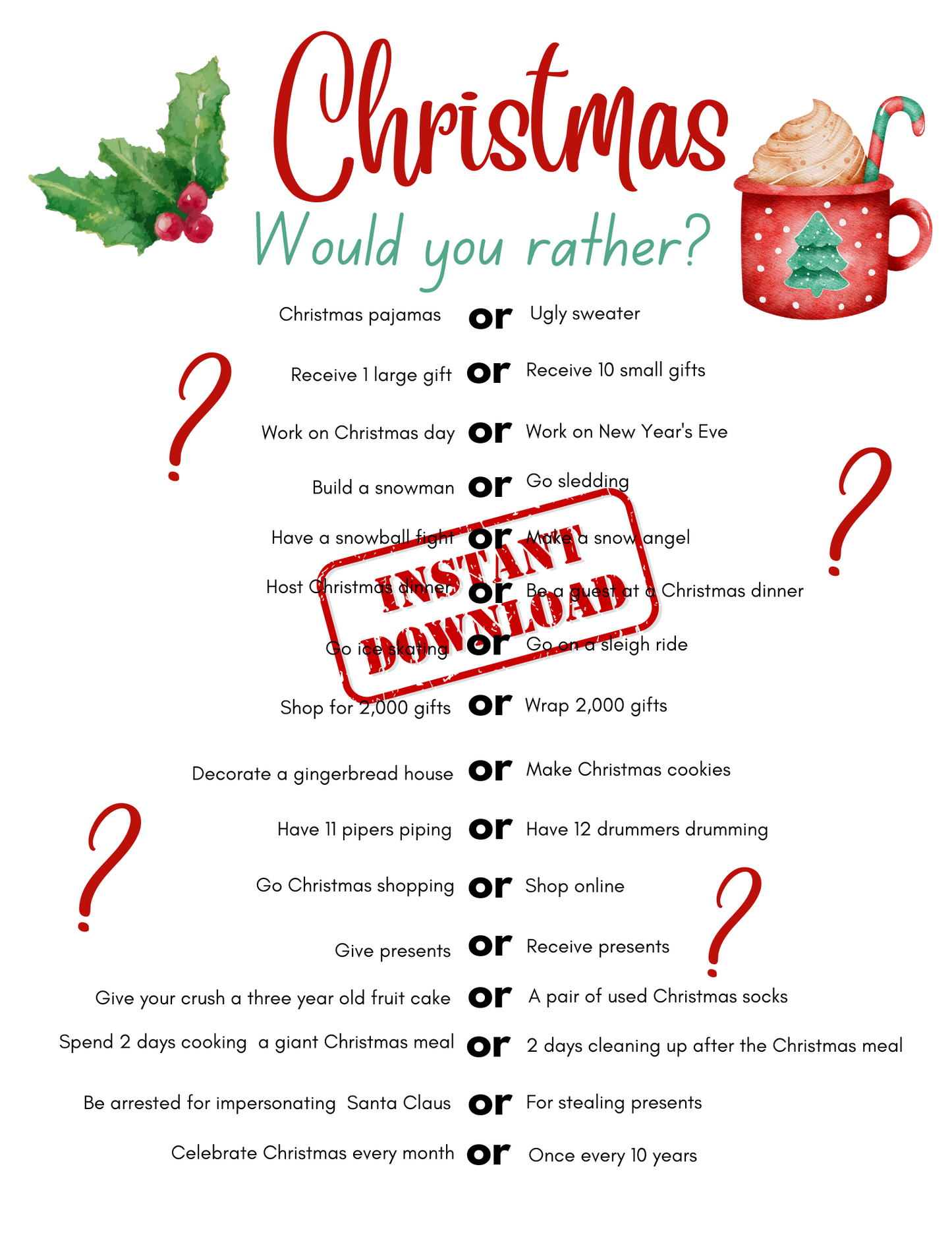 Christmas Party Game Printable - Would You Rather Game, Family Christmas Party Game, Party Activity, Adult Game, Adult Christmas