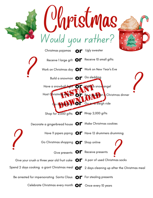 Christmas Party Game Printable - Would You Rather Game, Family Christmas Party Game, Party Activity, Adult Game, Adult Christmas