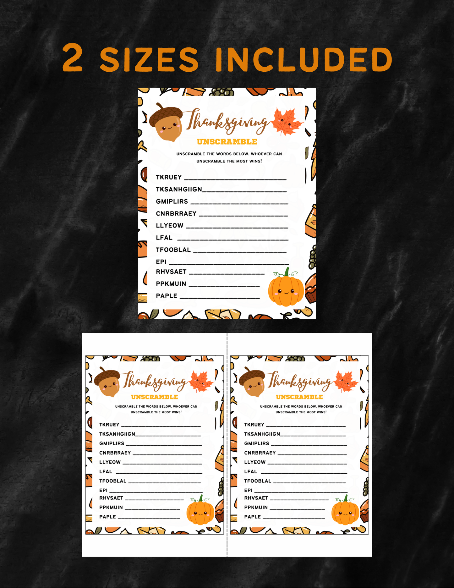 Cute Kawaii Thanksgiving Unscramble Game Printable Template - Game for Kids, Activity for Kids, Thanksgiving Activity