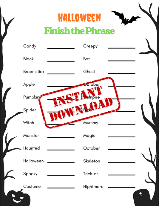 Halloween Finish the Phrase, Halloween Party Game, Halloween Game for Couples, Printable Game, Party Activity for All Ages