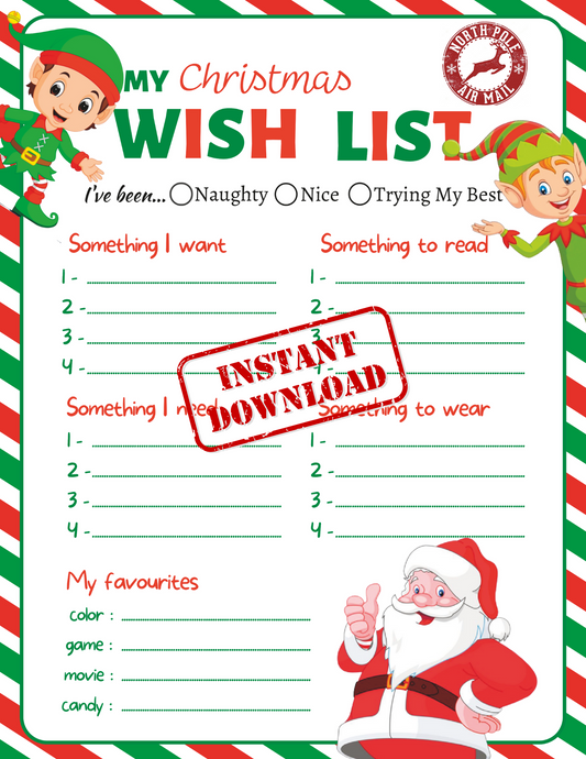 Kid's Christmas Wish List Printable Template -  Letter to Santa, Kid's Wish List, Personalized Gifts, Kid's Work Sheet, Dear Santa