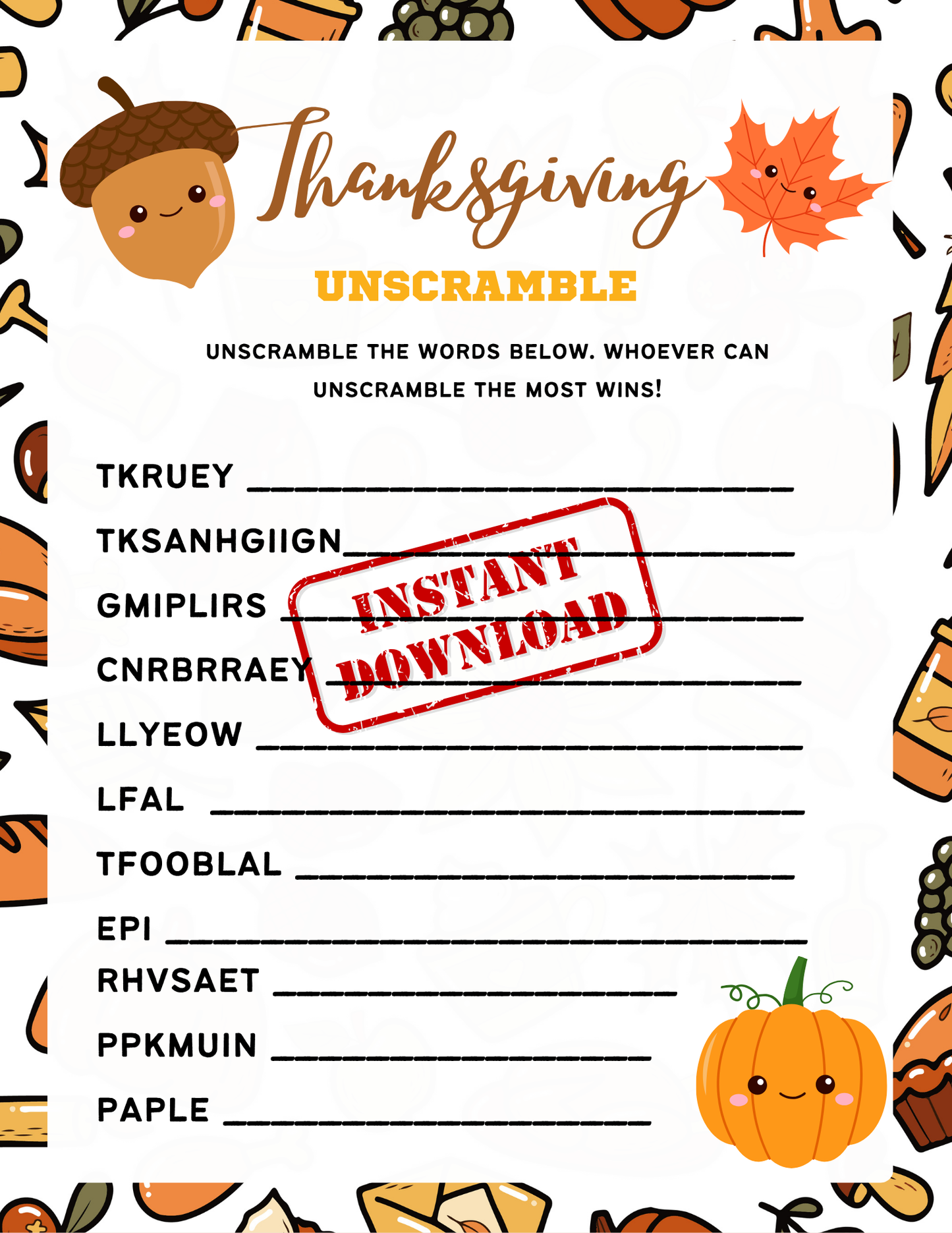 Cute Kawaii Thanksgiving Unscramble Game Printable Template - Game for Kids, Activity for Kids, Thanksgiving Activity