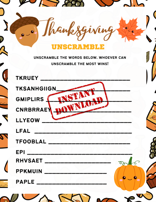 Cute Kawaii Thanksgiving Unscramble Game Printable Template - Game for Kids, Activity for Kids, Thanksgiving Activity