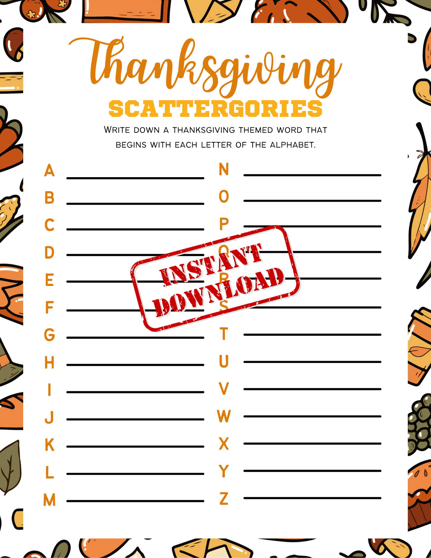 Thanksgiving Scattergories Printable Template - Thanksgiving Games , Thanksgiving Party Games, Classroom Activity