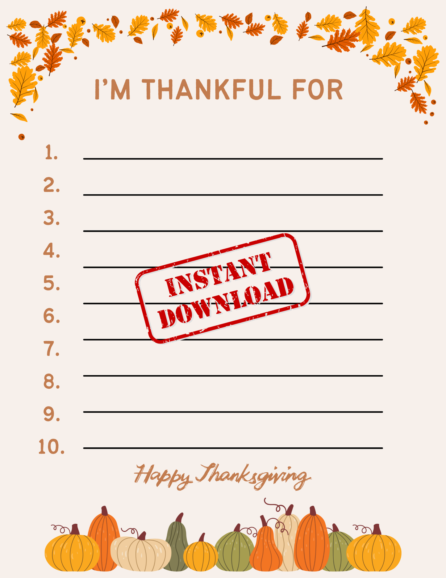 I'm Thankful For Printable, I'm Thankful For PDF, I'm Thankful For Sheet, I'm Thankful For List, Thanksgiving Activity, Thanksgiving Fun
