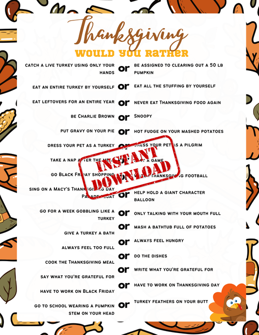 Thanksgiving Friendsgiving Game - Thanksgiving Trivia, Printable, Would You Rather Game