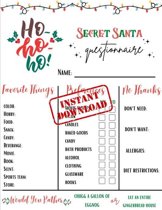 Fun Adult Secret Santa Questionnaire Printable Template - Christmas Gift Exchange, Secret Santa Wish List, Secret Santa Gift Ideas