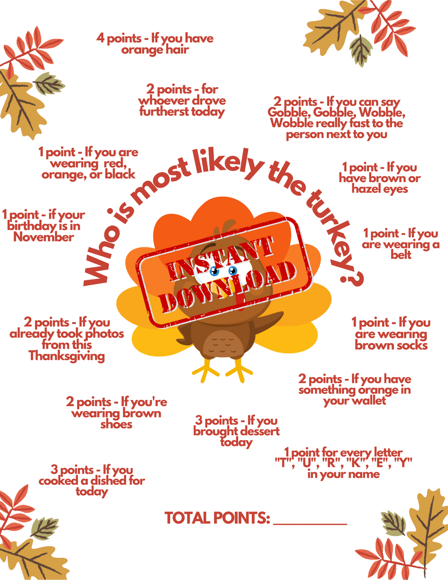 Thanksgiving Game, Office Party, Family Party, Fall, Autumn Activity, Printable