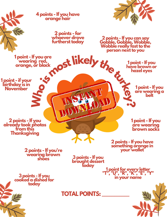 Thanksgiving Game, Office Party, Family Party, Fall, Autumn Activity, Printable
