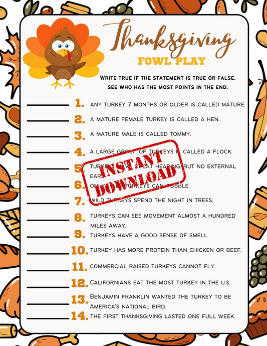 Thanksgiving Party Game Printable Template - Thanksgiving Game, Thanksgiving Party Game, Turkey Day Game, Classroom Activity